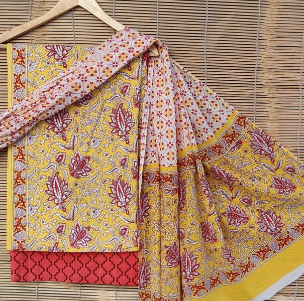 Yellow Red White Hand Block Printed Cotton Suit And Pant And Dupatta