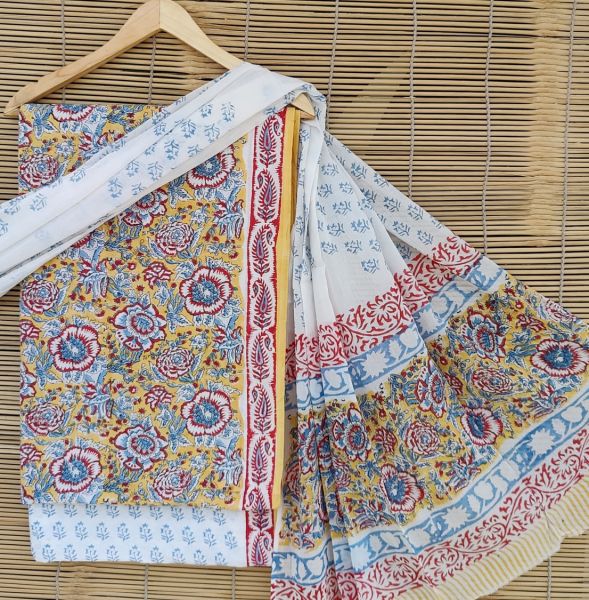 White Blue Red Yellow Hand Block Printed Cotton Suit And Pant And Dupatta