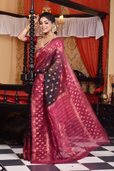 Black Magenta Butta Design Pure Handloom Dhakai Jamdani Saree