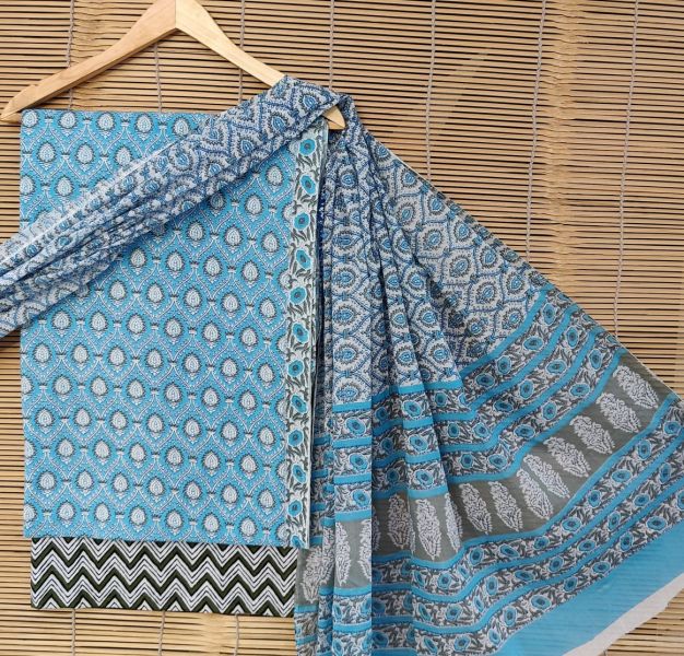Sky Blue White Black Hand Block Printed Cotton Suit And Pant And Dupatta