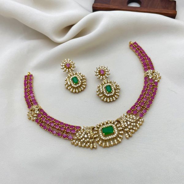 Ruby Green Premium AD Necklace Set