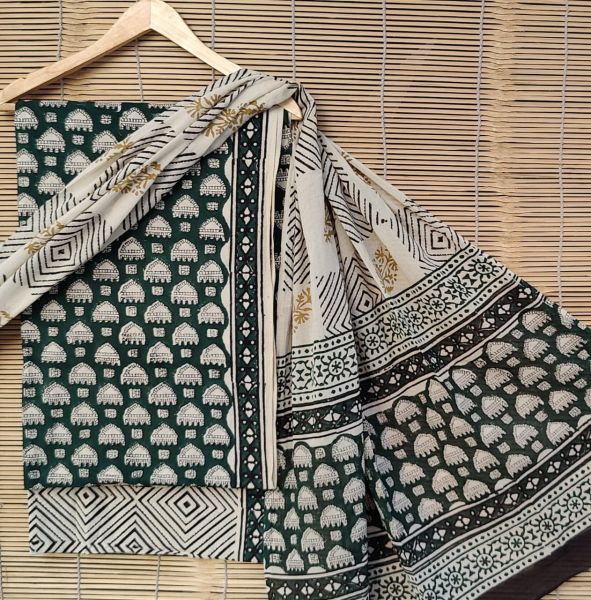 Deep Green White Black Hand Block Printed Cotton Suit And Pant And Dupatta