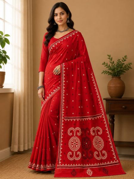 Brick Red Pure Handloom Semi Silk Kanthastitch Saree From Bengal