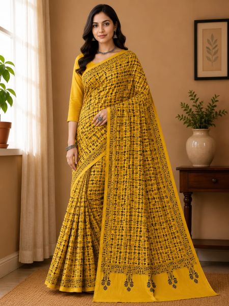Yellow Pure Handloom Semi Silk Kanthastitch Saree From Bengal