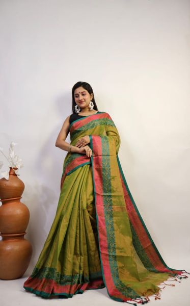Green Pure Handloom Tissue Cotton Saree From Bengal