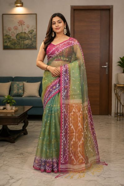 Pista Green Pure Handloom Resham Dhakai Jamdani Saree From Bengal