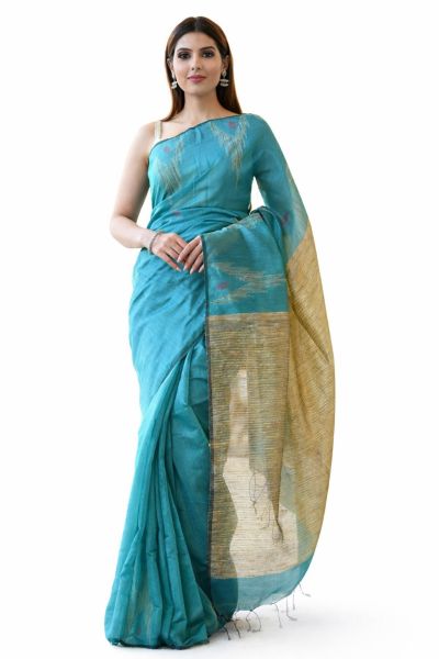 Light Blue Ghicha Silk Cotton Pure Handloom Saree From Bengal