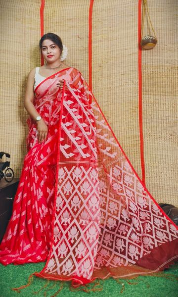 Red Flower Design Pure Handloom Resham Cotton Saree