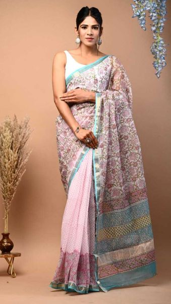 Baby Pink Kota Doria Cotton Printed Saree