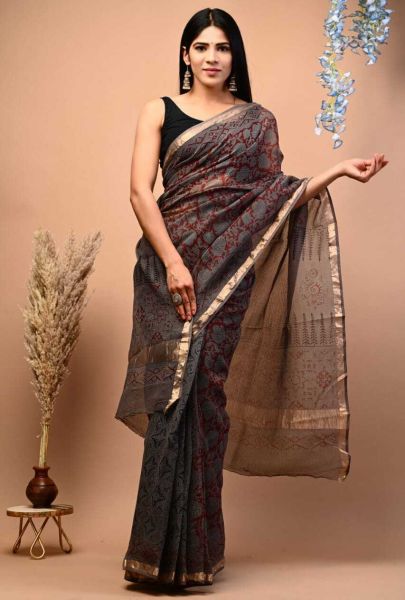 Black And Brown Kota Doria Cotton Printed Saree