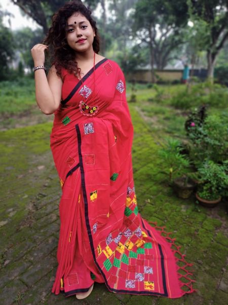 Brick Red Pure Handloom Cotton Saree From Bengal