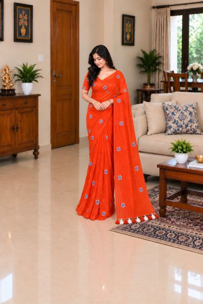 Bright Orange Pure Handloom Mulmul Cotton Saree From Bengal