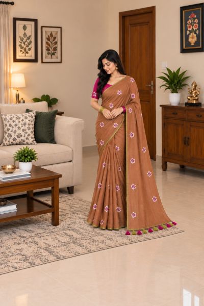 Brown Pure Handloom Mulmul Cotton Saree From Bengal
