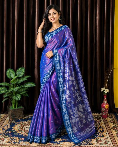 Royal Blue Pure Handloom Silk Tissue Saree From Bengal
