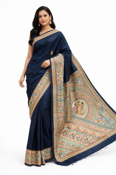 Navy Blue Traditional Indian Madhubani Pure Handloom Tassar Silk Saree