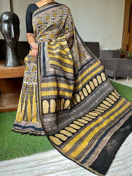 Multicolor Hand Block Printed Chanderi Silk Saree From Rajasthan
