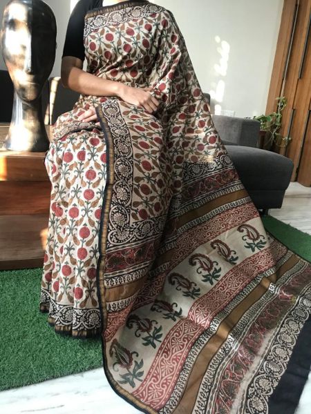 Multicolor Hand Block Printed Chanderi Silk Saree From Rajasthan