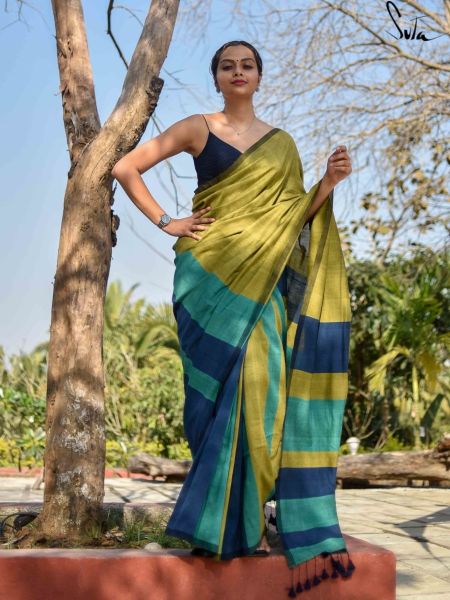Mehndi Green Blue Checks Pure Handloom Cotton Saree
