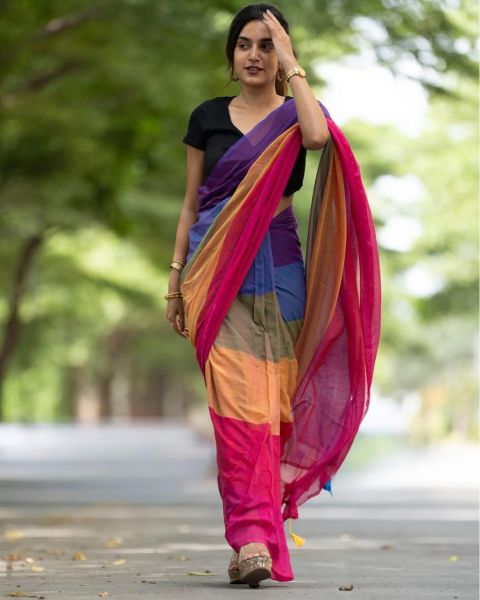 Multi Colour Pure Handloom Cotton Saree From Bengal