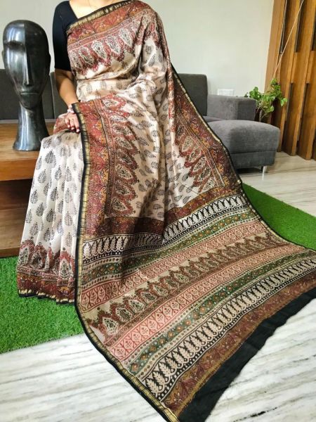 White Hand Block Printed Chanderi Silk Saree From Rajasthan