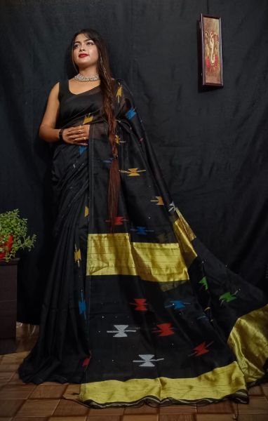 Black Gold Butta Silk Cotton Handloom Saree From Bengal