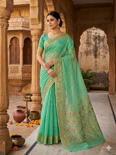 Mint Green Pure Handloom Dhakai Jamdani Saree From Bengal