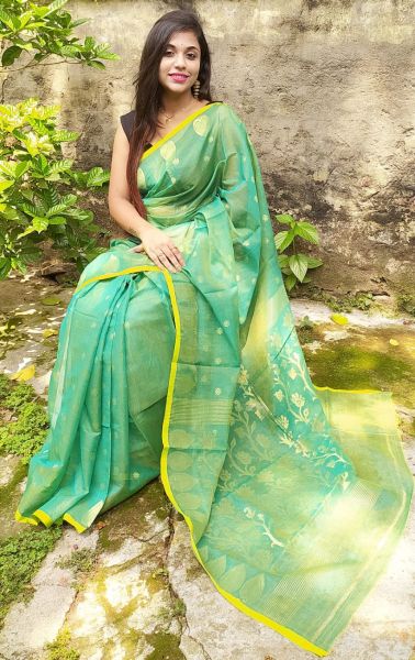Light Teal Butta Print Cotton Jamdani Saree From Bengal