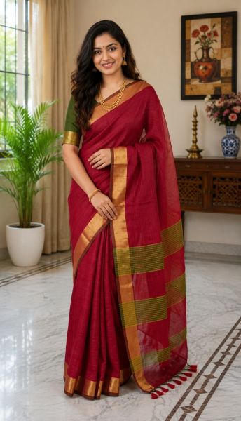 Dar Pure Handloom Cotton Saree From Bengalk Red