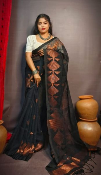 Black Pure Handloom Linen By Linen Saree From Bengal