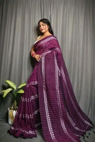 Purple Pure Handloom Cotton Saree From Bengal