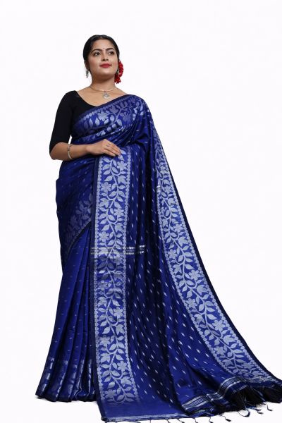 Dark Blue Silk Cotton Pure Handloom Saree From Bengal