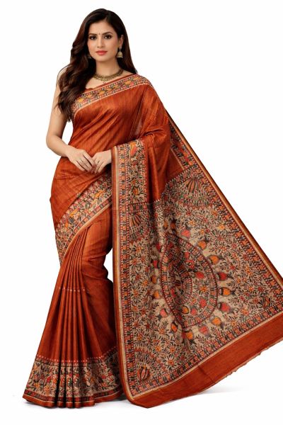 Brick Red Madhubani Pure Handloom Elegant Women Tassar Silk Saree
