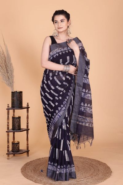 Black Hand Block Printed Linen Cotton Saree From Rajasthan