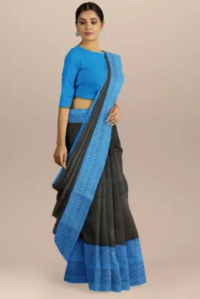 Black Blue Plain Body Pure Handloom Begampuri Cotton Saree