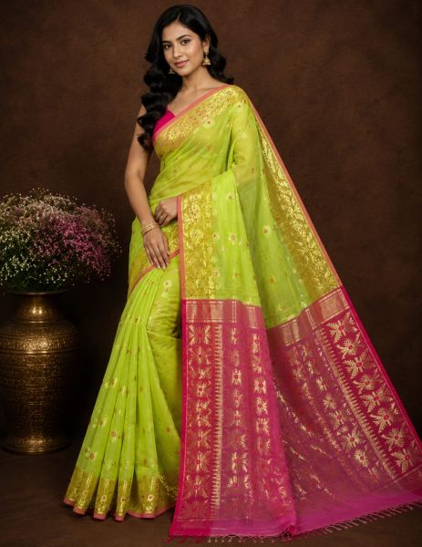 Parrot green Pure Handloom Dhakai Jamdani Saree From Bengal