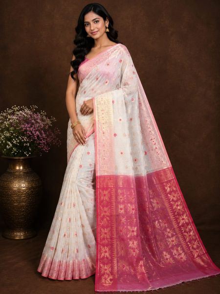White Pure Handloom Dhakai Jamdani Saree From Bengal