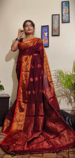 Maroon Peacock Copper Zari Cotton Saree