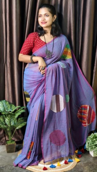 Light Purple Pure Handloom Cotton Saree From Bengal