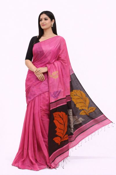 Elegant Pink Handloom Silk Cotton Saree with Orange Leaf Motif & Blouse