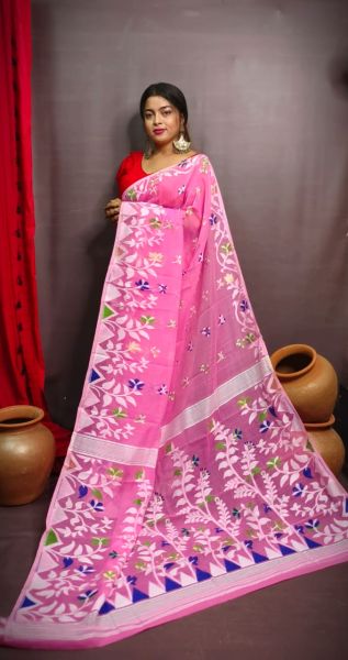 Baby Pink Flower Design Pure Handloom Dhakai Jamdani Saree