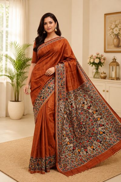 Brick Red Madhubani Pure Handloom Elegant Women Tassar Silk Saree