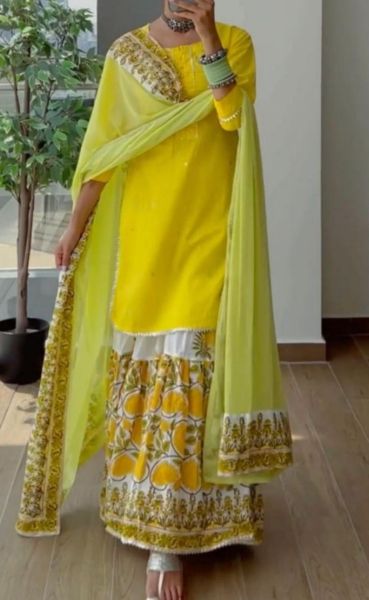 Yellow Sharara Cotton Suit With Georgette Dupatta From Bengal