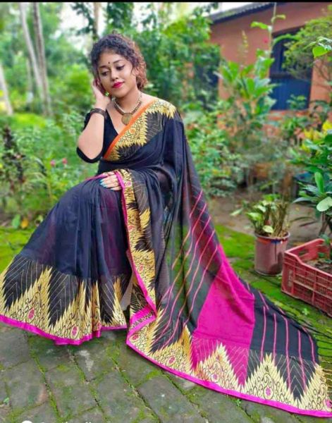 Black Pink Temple Cotton Saree From Bengal