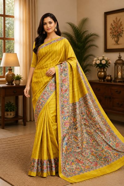 Yellow Heritage Madhubani Pure Handloom Elegant Tassar Silk Saree