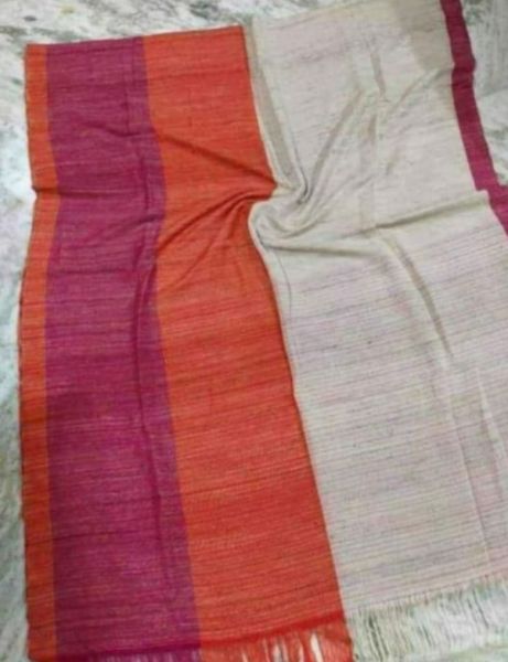 White Orange Pink Plain Body Pure Handloom Resham Saree