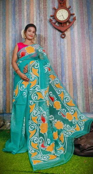 Sea Blue Hand Printed Pure Handloom Resham Kota Saree