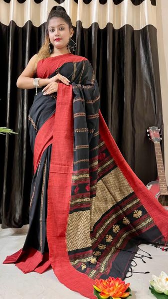 Black Organic Pure Handloom Small Line Butta Design Saree