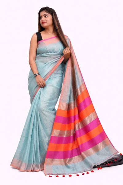 Sea Blue Pure Handloom Tissue Silk Cotton Saree From Bengal