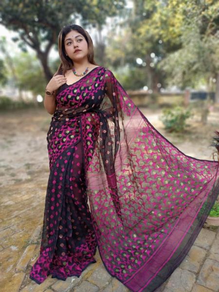 Black Butta Design Pure Handloom Dhakai Jamdani Saree