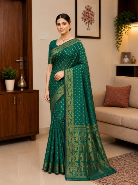 Teal Green Pure Handloom Dhakai Jamdani Saree From Bengal